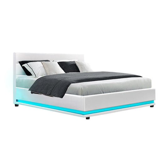 Artiss Bed Frame Double Size LED Gas Lift White LUMI