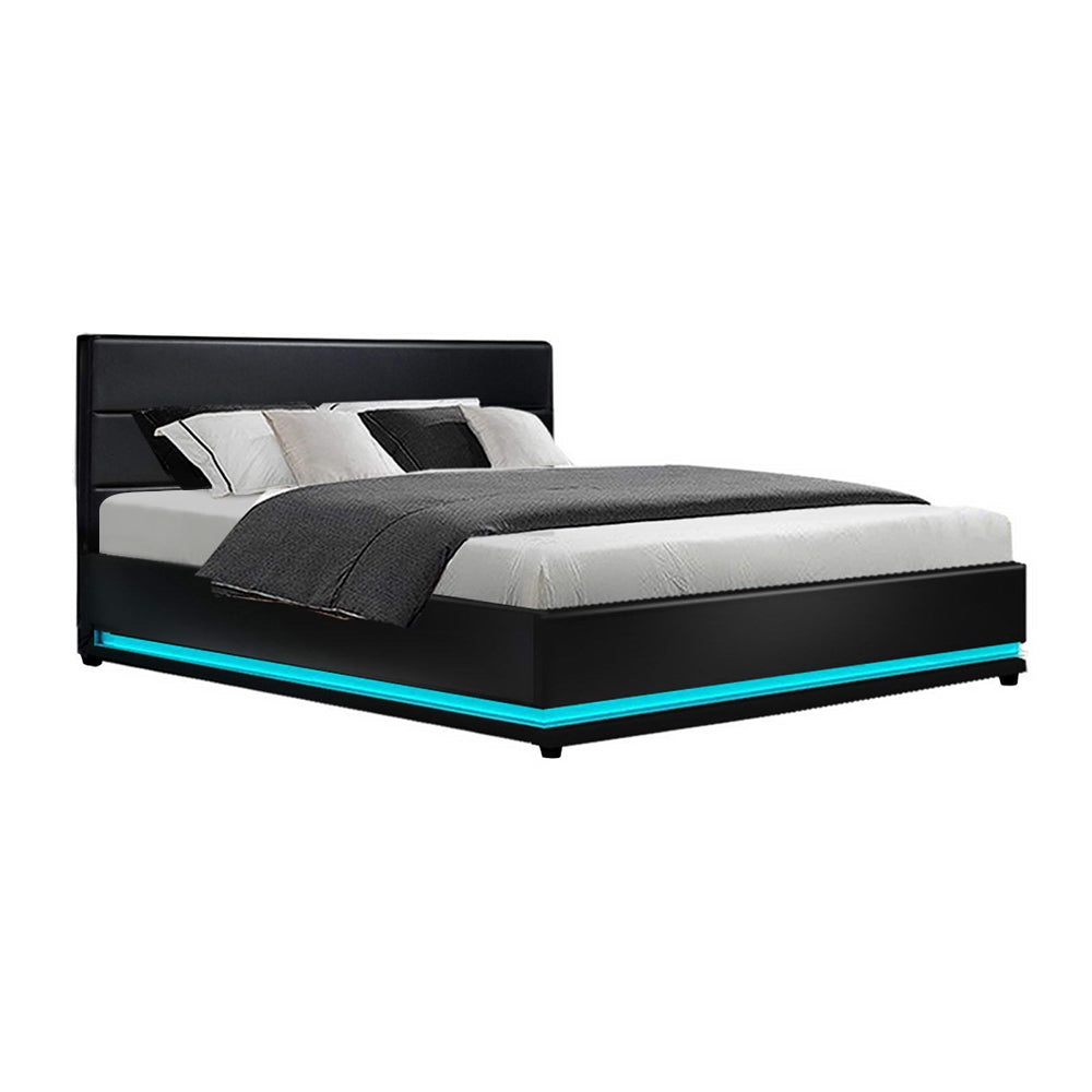 Artiss Bed Frame King Size LED Gas Lift Black LUMI