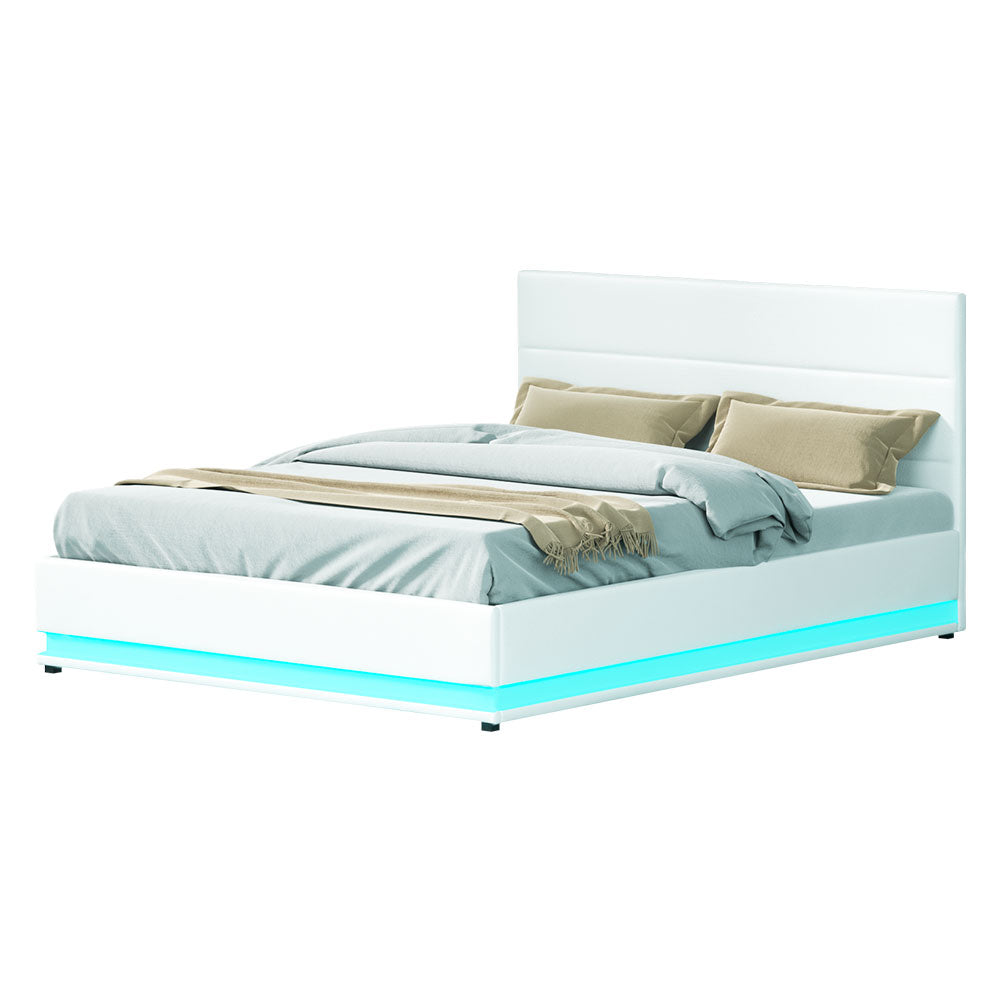 Artiss Bed Frame Queen Size LED Gas Lift White LUMI