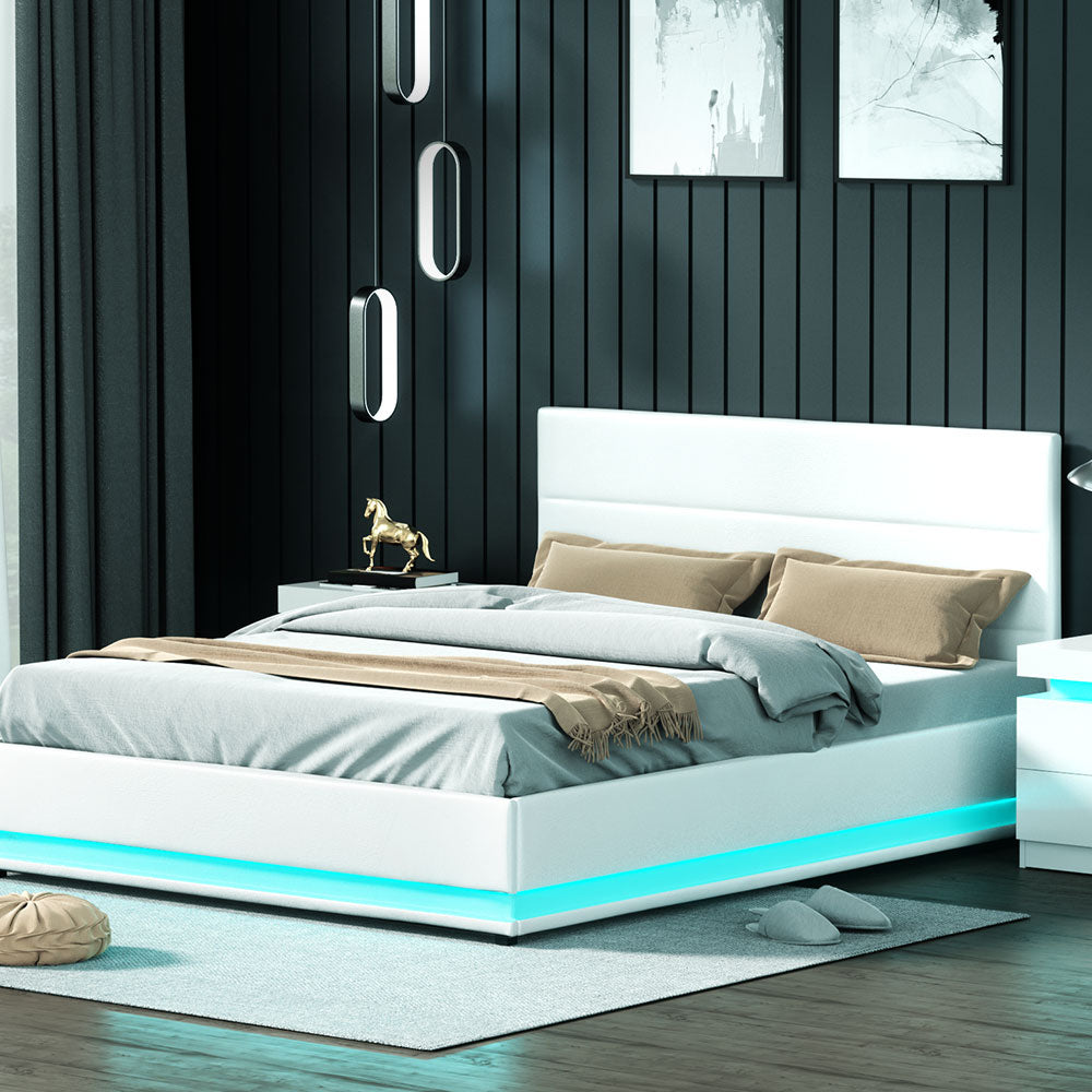 Artiss Bed Frame Queen Size LED Gas Lift White LUMI