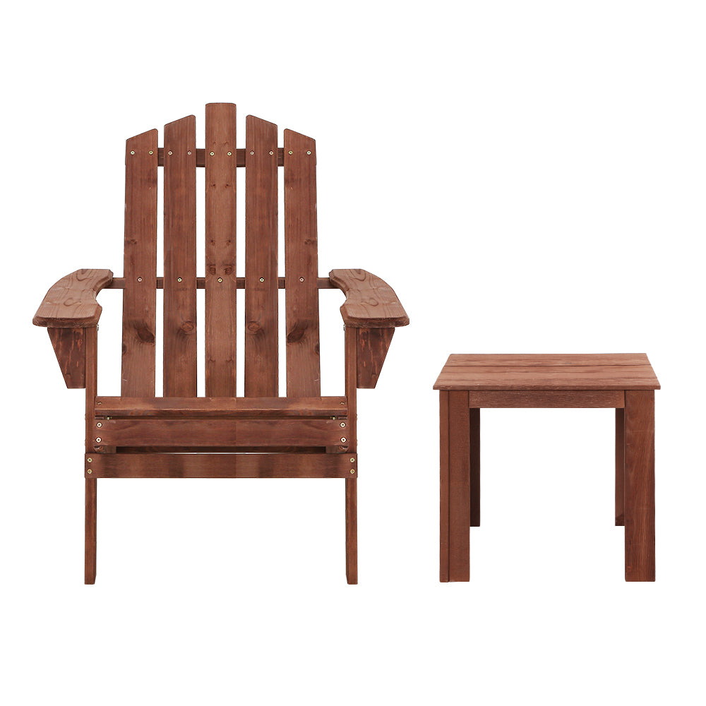 Gardeon 3PC Adirondack Outdoor Table and Chairs Wooden Beach Chair Brown