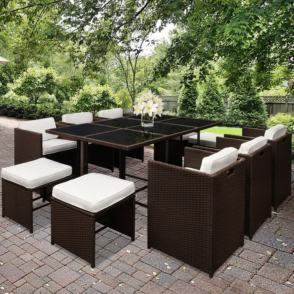 Gardeon 11 Piece PE Wicker Outdoor Dining Set - Brown & White