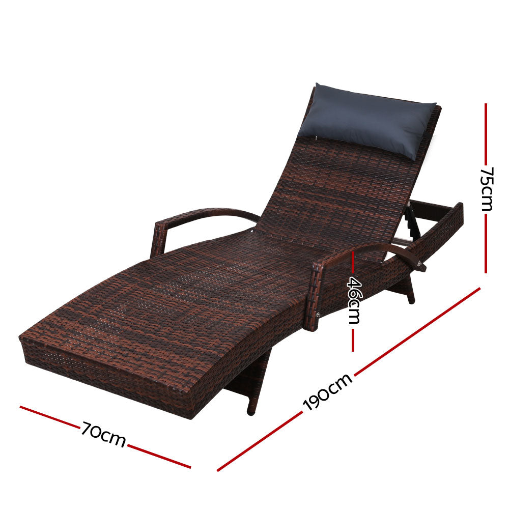 Gardeon Sun Lounge Wicker Lounger Outdoor Furniture Beach Chair Armrest Adjustable Brown