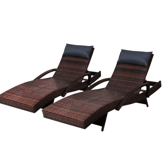 Gardeon 2x Sun Lounge Wicker Lounger Outdoor Furniture Beach Chair Armrest Adjustable Brown