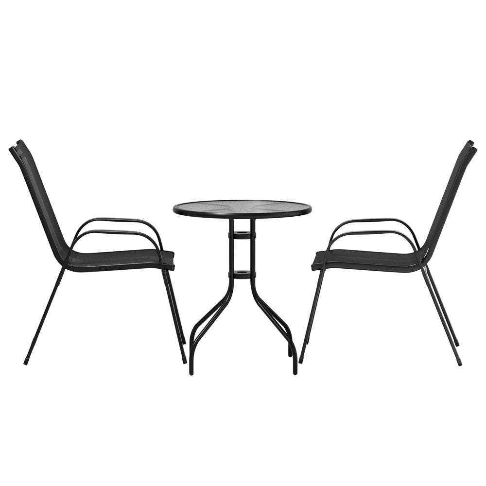 Gardeon 3PC Bistro Set Outdoor Table and Chairs Stackable Outdoor Furniture Black