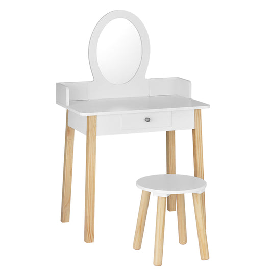 Keezi Kids Vanity Makeup Dressing Table Chair Set Wooden Leg Drawer Mirror White