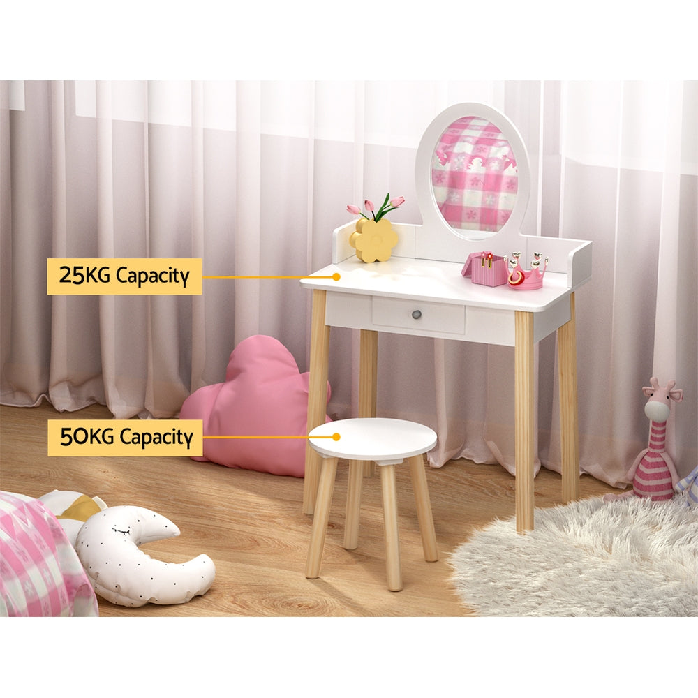 Keezi Kids Vanity Makeup Dressing Table Chair Set Wooden Leg Drawer Mirror White