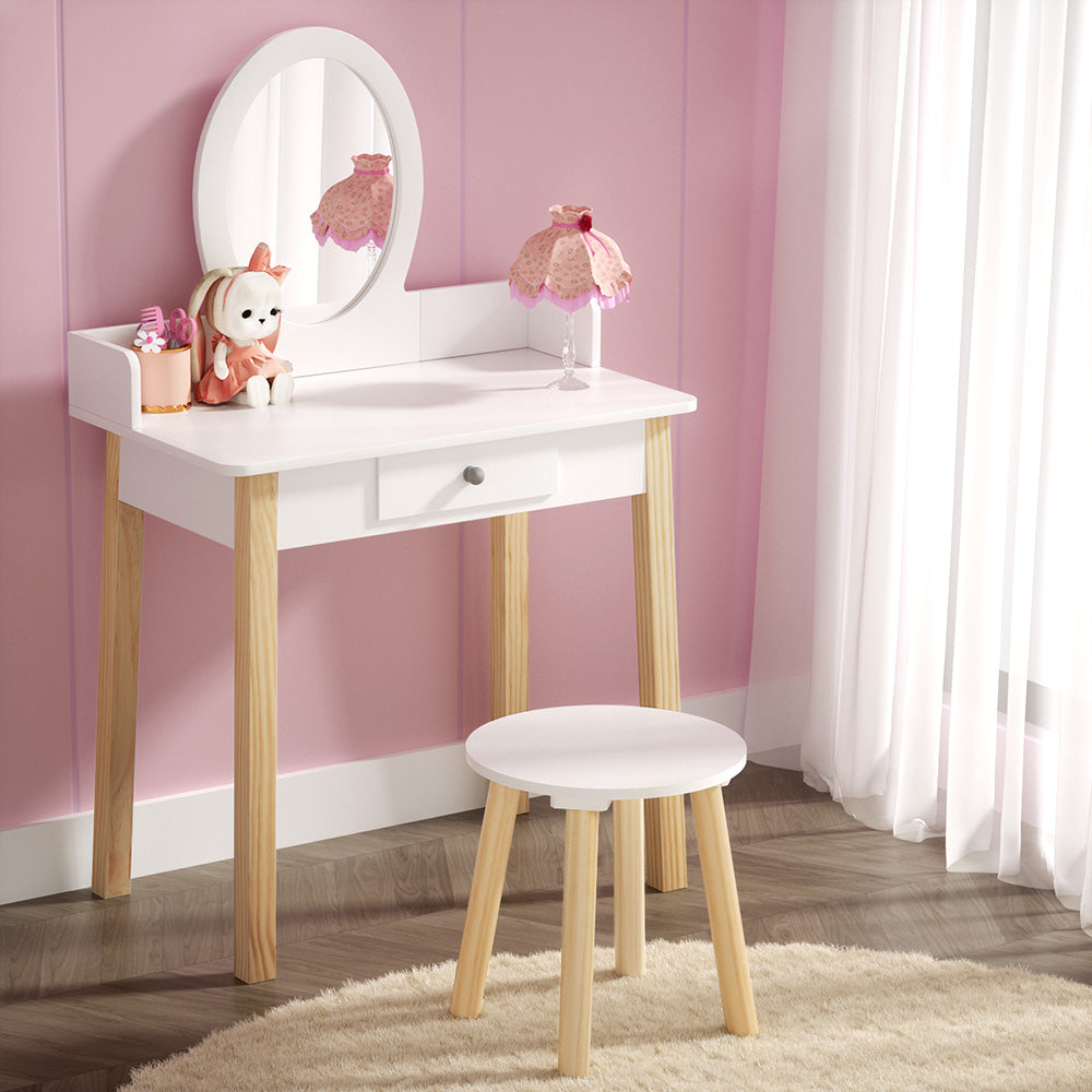 Keezi Kids Vanity Makeup Dressing Table Chair Set Wooden Leg Drawer Mirror White