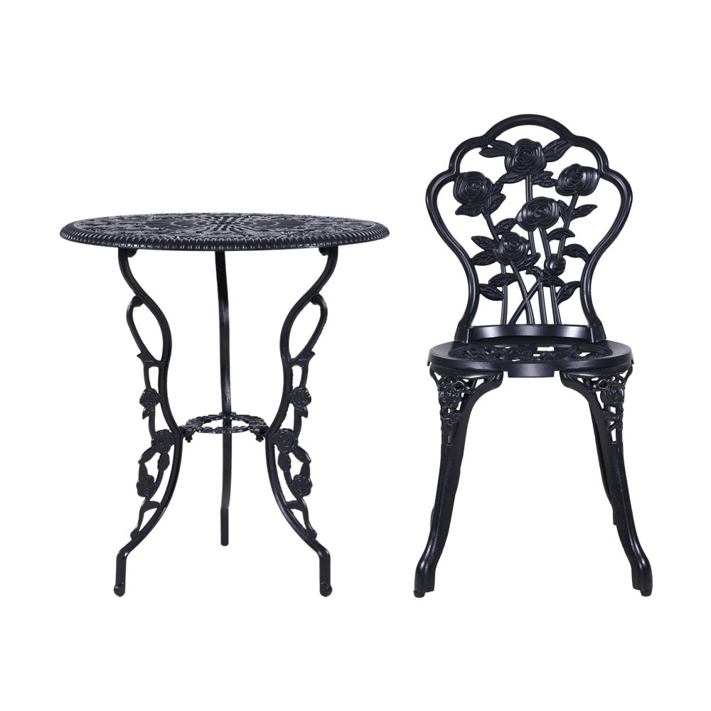 Gardeon 3PC Outdoor Setting Bistro Set Chairs Table Cast Aluminum Rose Black