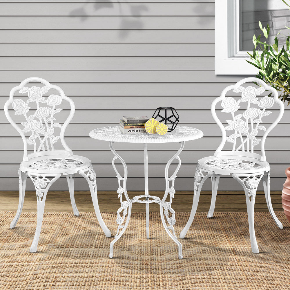 Gardeon 3PC Outdoor Setting Bistro Set Chairs Table Cast Aluminum Patio Furniture Rose White