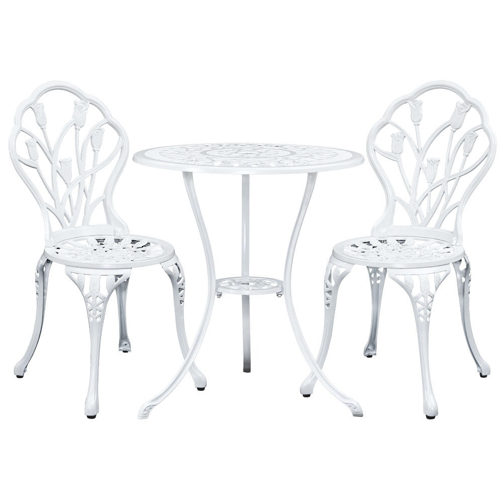 Gardeon 3PC Outdoor Setting Bistro Set Chairs Table Cast Aluminum Patio Furniture Tulip White