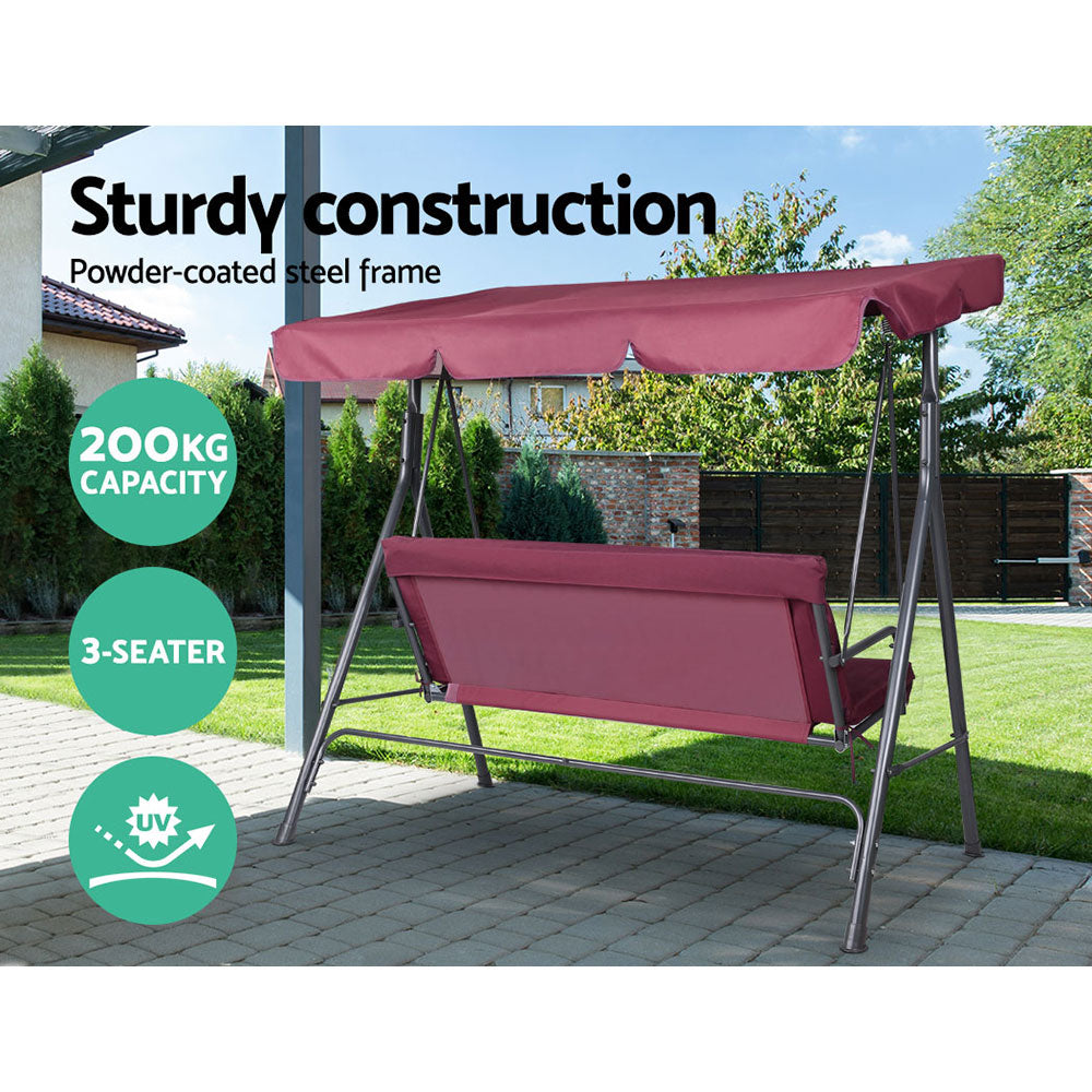 Gardeon Outdoor Swing Chair Garden Bench Furniture Canopy 3 Seater Wine Red