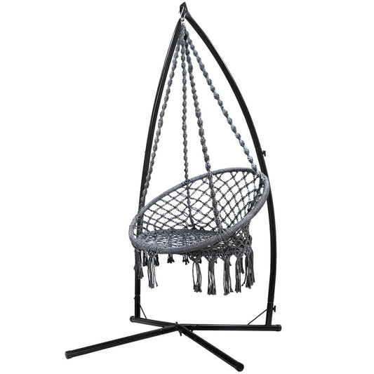 Gardeon Hammock Chair with Steel Stand Macrame Outdoor Swinging Grey