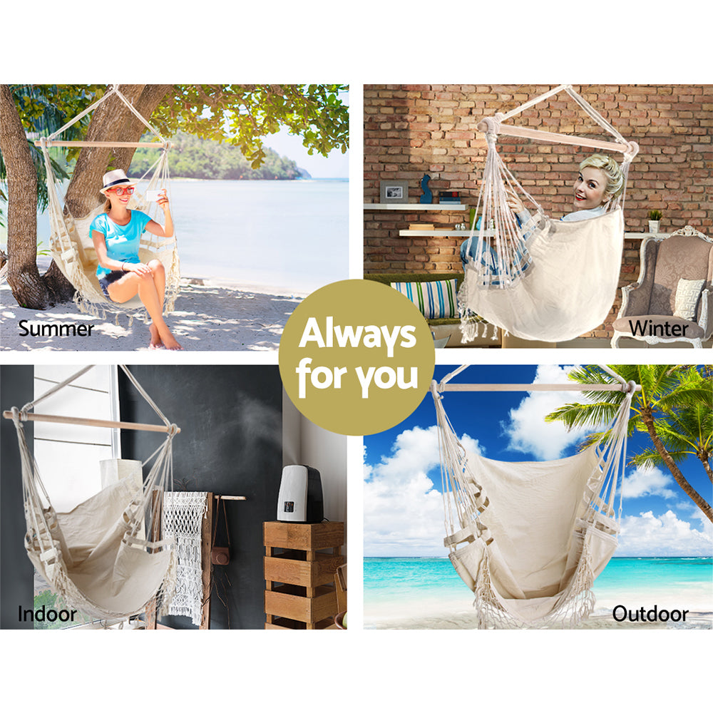 Gardeon Hanging Hammock Chair Outdoor Swing Hammocks Tassel Cream