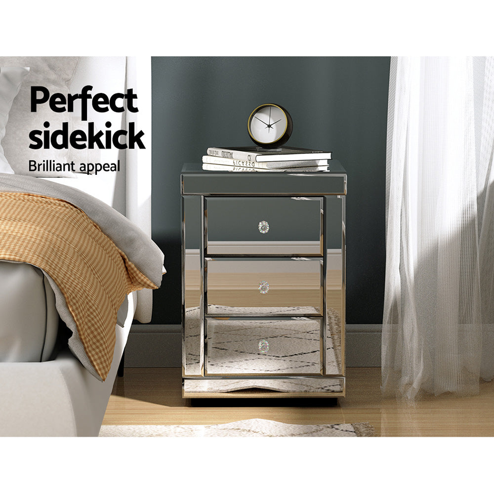 Artiss Bedside Table 3 Drawers Mirrored X2 - PRESIA Silver