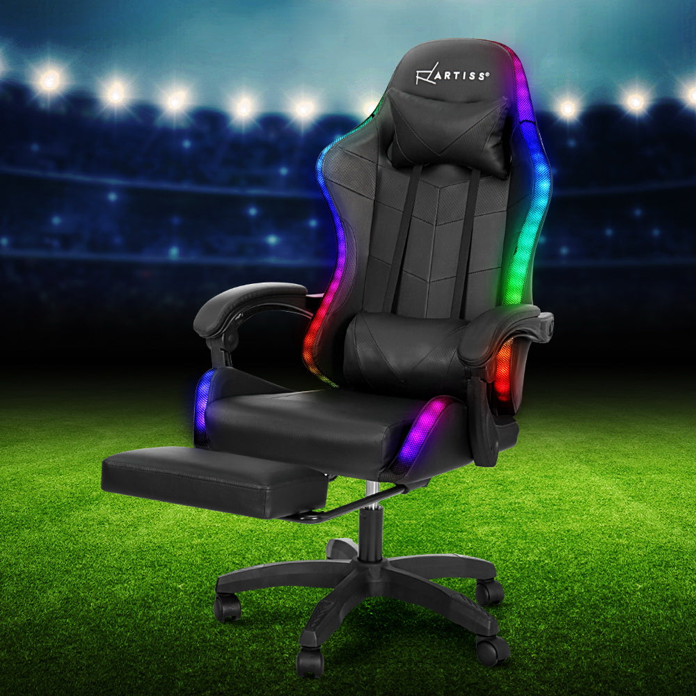 Artiss 6 Point Massage Gaming Office Chair 7 LED Footrest Black