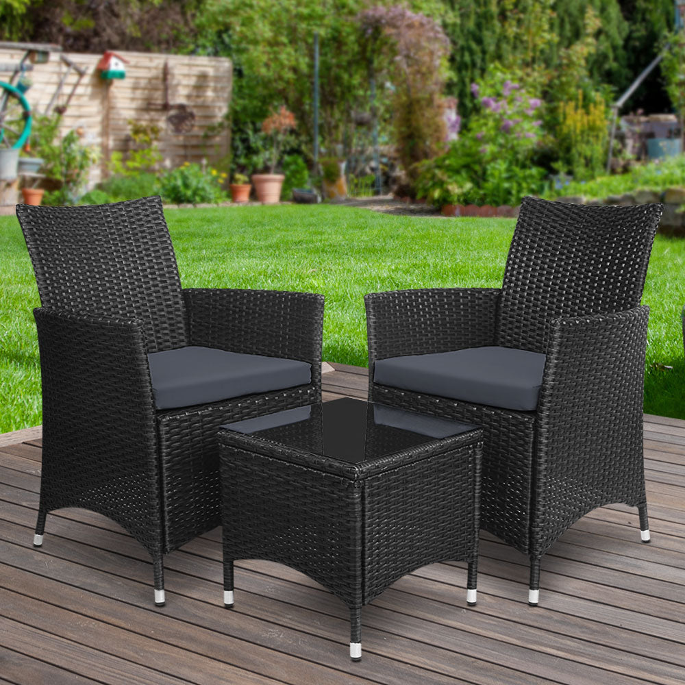 Gardeon 3PC Outdoor Bistro Set Patio Furniture Wicker Chairs Table Cushion All Black