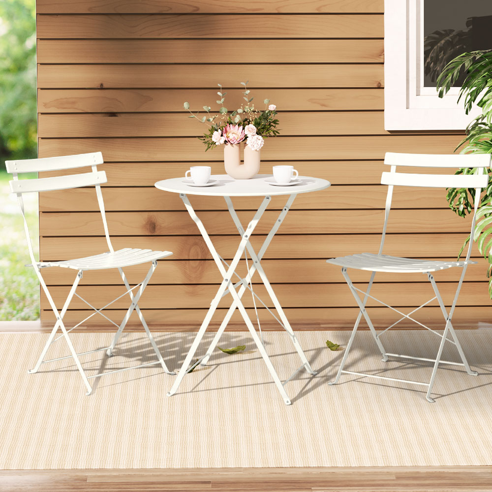 Gradeon 3PC Outdoor Bistro Set Steel Table and Chairs Patio Furniture White