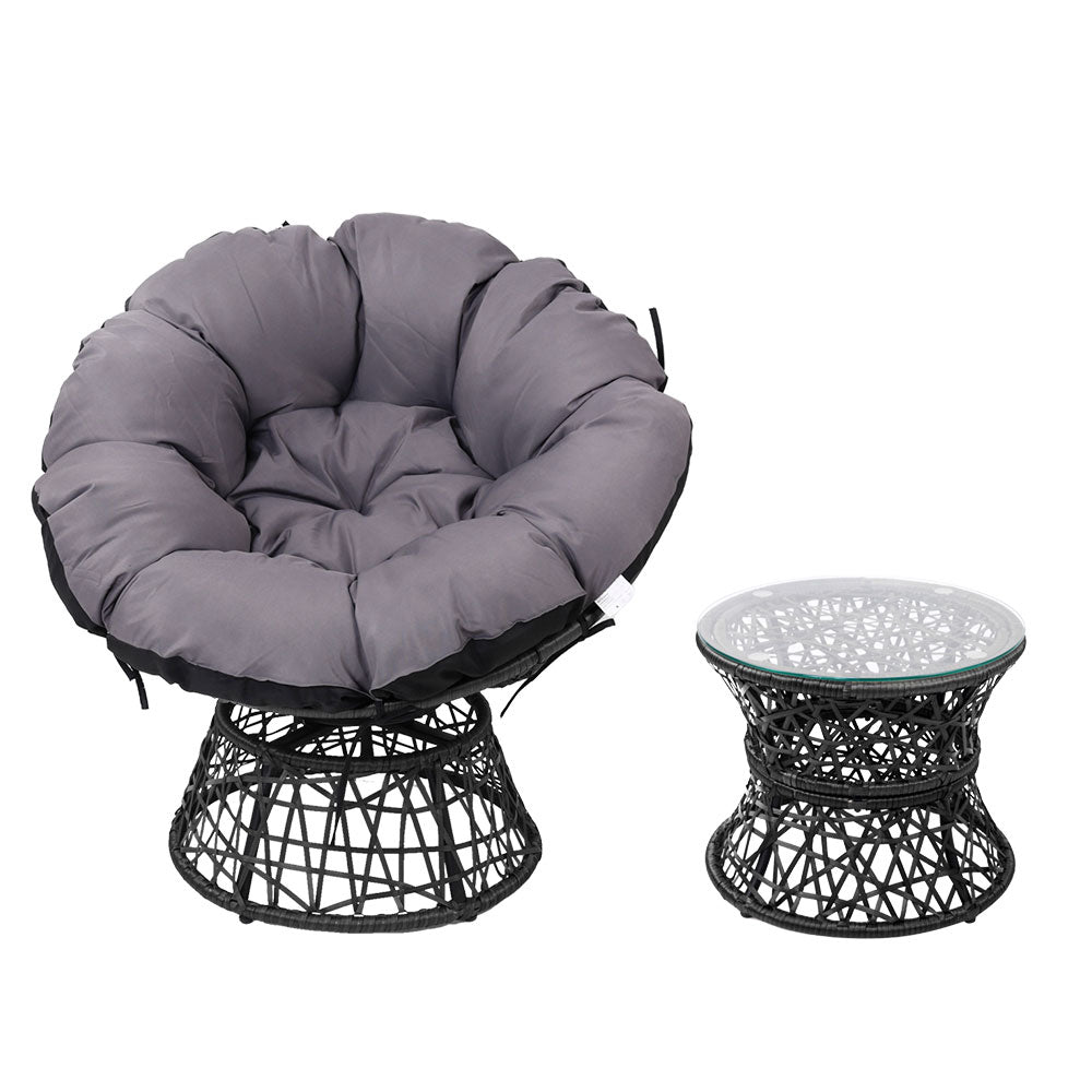 Gardeon Outdoor Lounge Setting Papasan Chair Wicker Table Garden Furniture Black