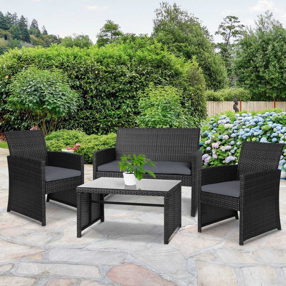 Gardeon 4 PCS Outdoor Lounge Setting Wicker Sofa Set Black Storage Cover