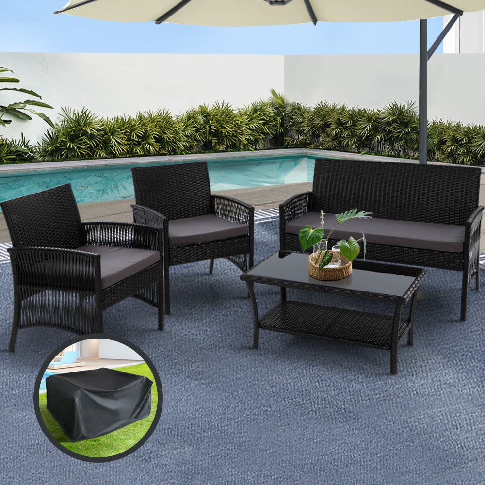 Gardeon 4PCS Outdoor Lounge Setting Sofa Set Patio Wicker Furniture Black Cover