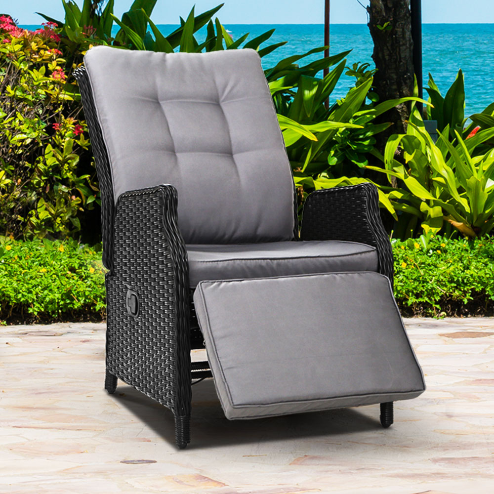 Gardeon Recliner Chairs Sun lounge Wicker Lounger Outdoor Furniture Patio Adjustable Black