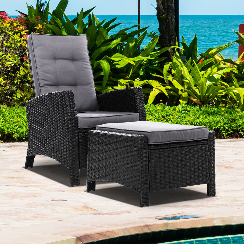 Gardeon Recliner Chair Sun lounge Wicker Lounger Outdoor Patio Furniture Adjustable Black