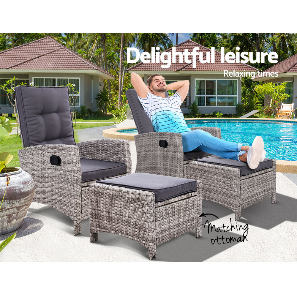 Gardeon 2PC Recliner Chairs Sun lounge Wicker Lounger Outdoor Furniture Adjustable Grey