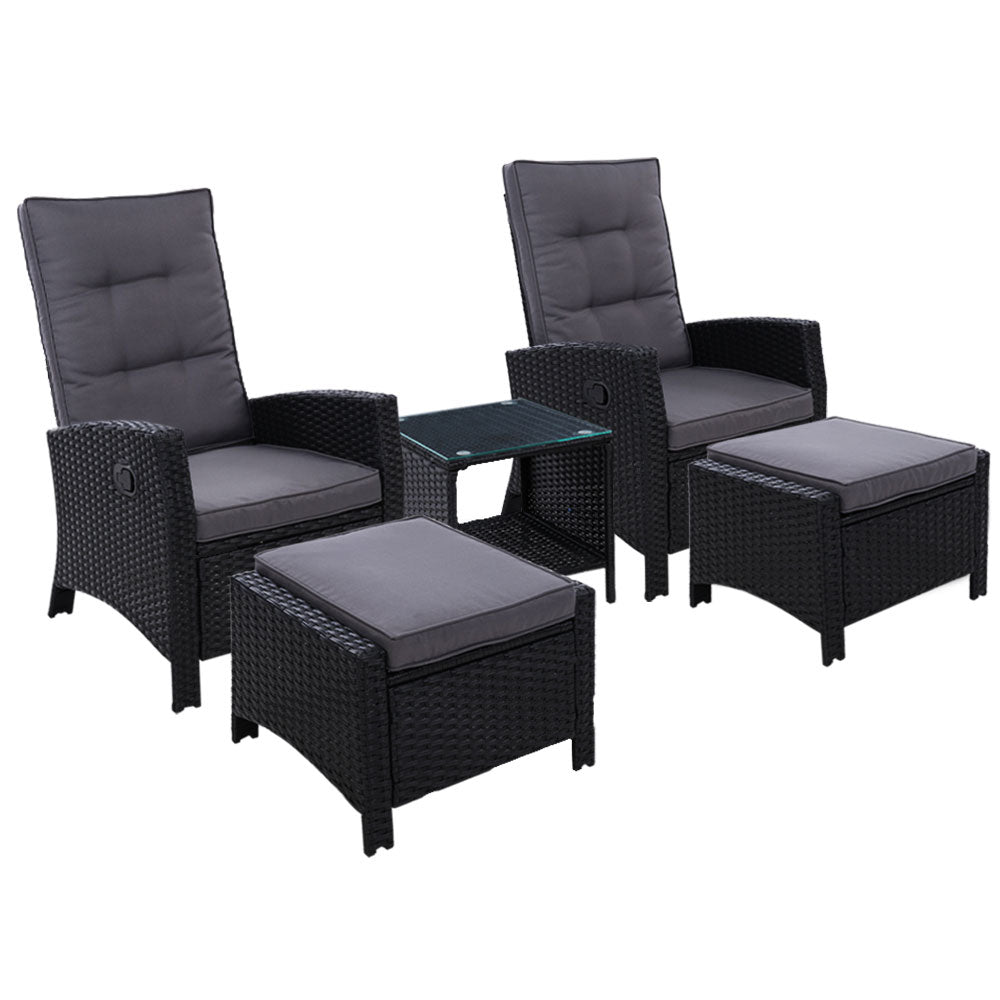 Gardeon 5PC Recliner Chairs Table Sun lounge Wicker Outdoor Furniture Adjustable Black