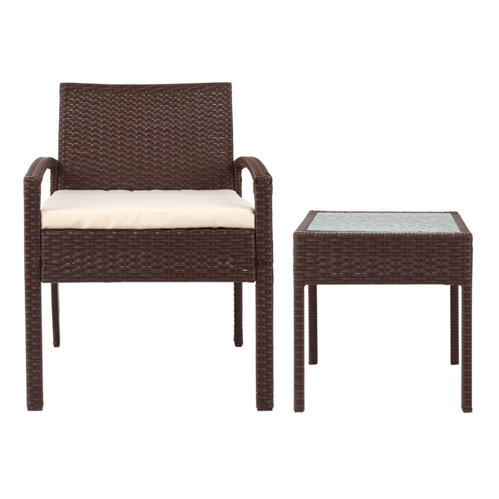 Gardeon 3PC Patio Furniture Bistro Set Wicker Outdoor Lounge Setting Brown