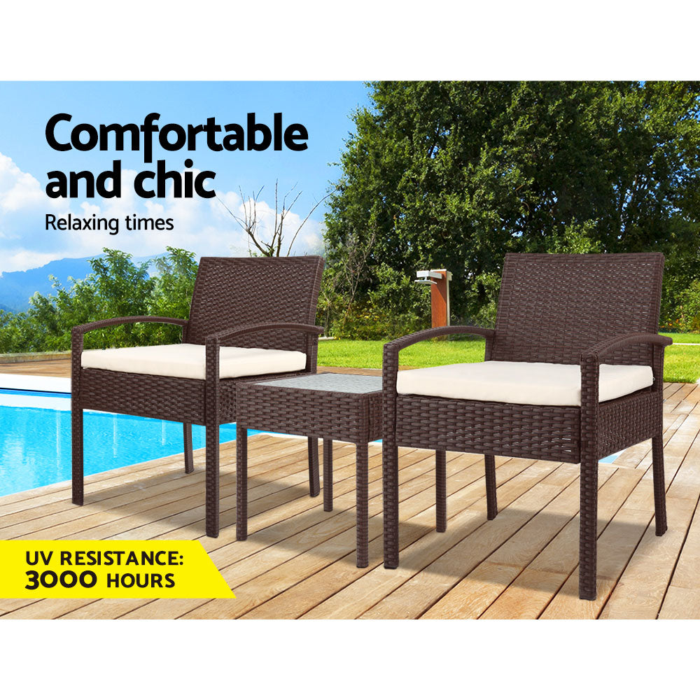 Gardeon 3PC Patio Furniture Bistro Set Wicker Outdoor Lounge Setting Brown