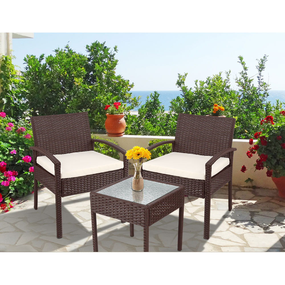 Gardeon 3PC Patio Furniture Bistro Set Wicker Outdoor Lounge Setting Brown