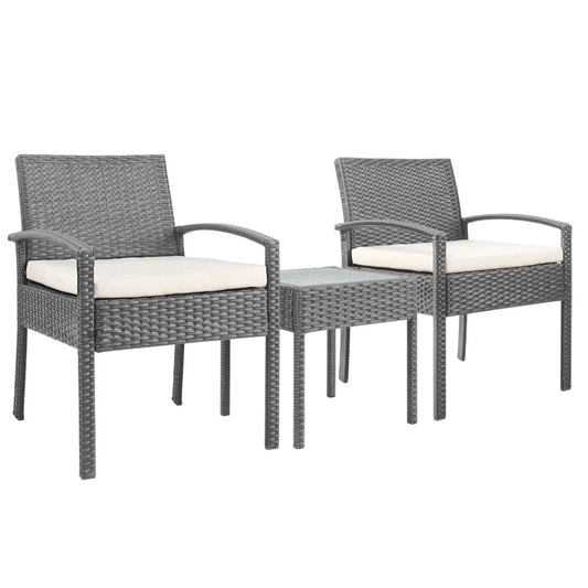 Gardeon 3PC Patio Furniture Bistro Set Wicker Outdoor Lounge Setting Grey