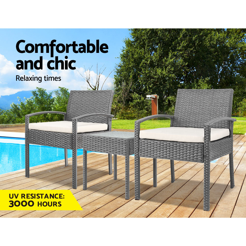 Gardeon 3PC Patio Furniture Bistro Set Wicker Outdoor Lounge Setting Grey