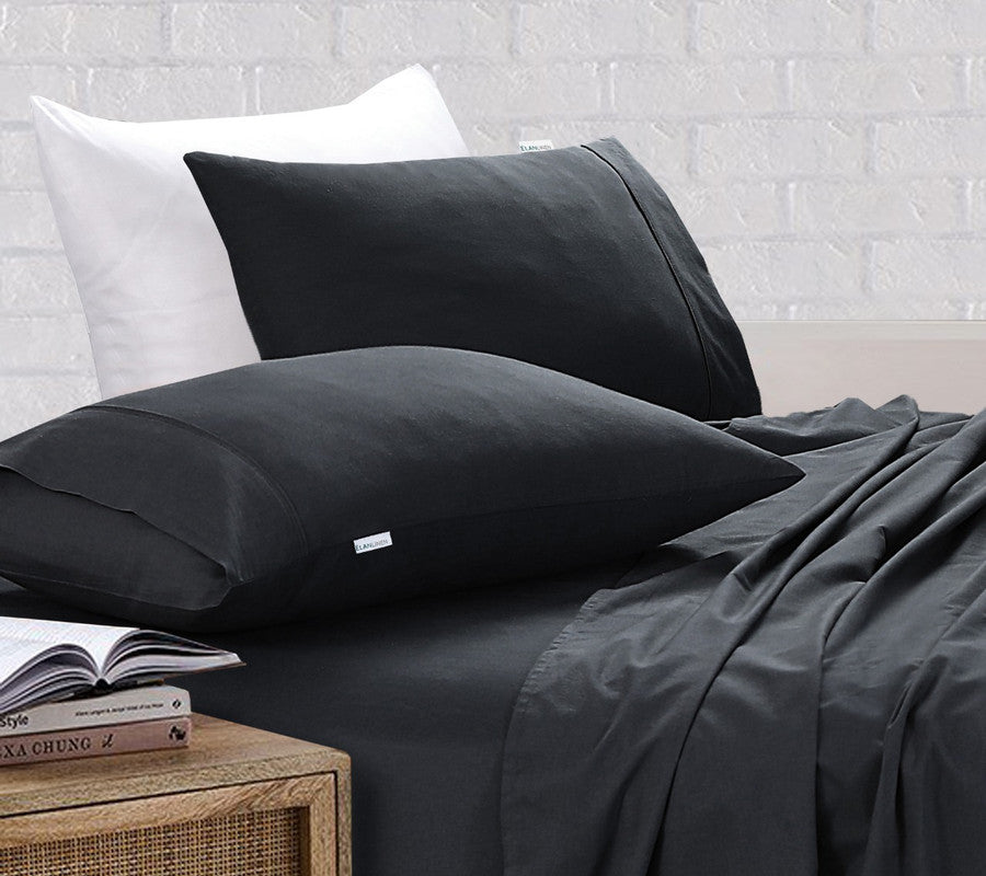 Elan Linen 100% Egyptian Cotton Vintage Washed 500TC Charcoal 50 cm Deep Mega Queen SIze Bed Sheets Set