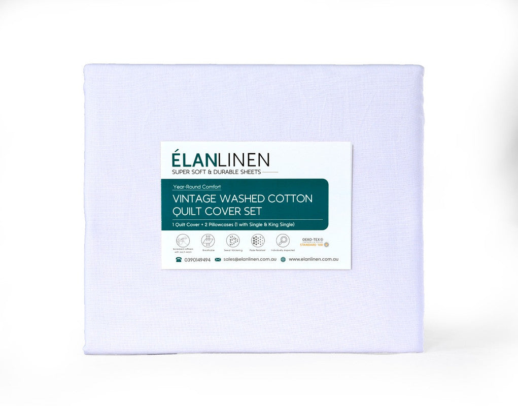 Elan Linen 100% Egyptian Cotton Vintage Washed 500TC White Single Bed Sheets Set