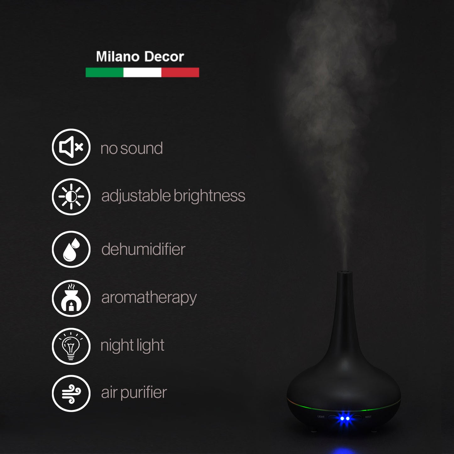 Essential Oil Diffuser Ultrasonic Humidifier Aromatherapy LED Light 200ML 3 Oils - Black