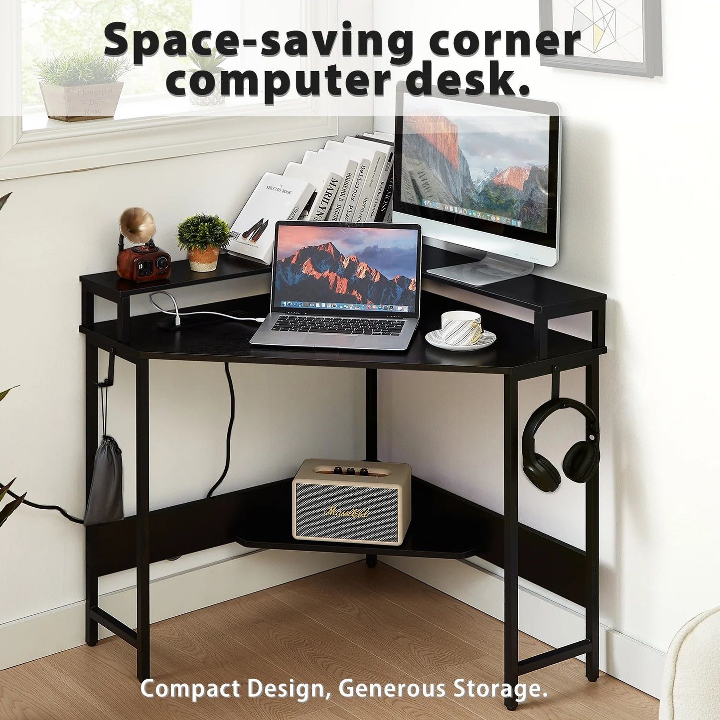 L-Shaped Desk with Built-In Charging Station, Black