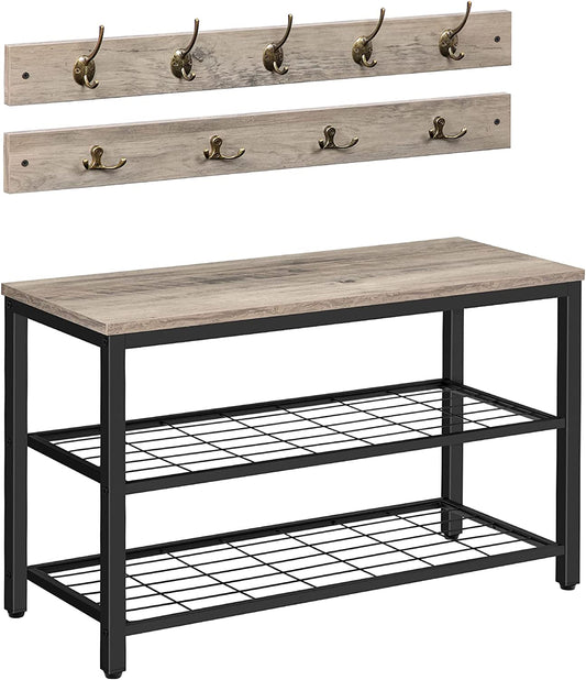 Industrial Design Entryway Shoe Rack with Coat Hooks Organizer (Grey)