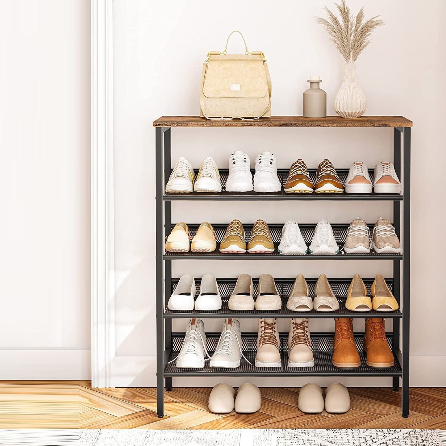 5-Tier Shoe Rack, Industrial Shoe Organizer Storage Bench