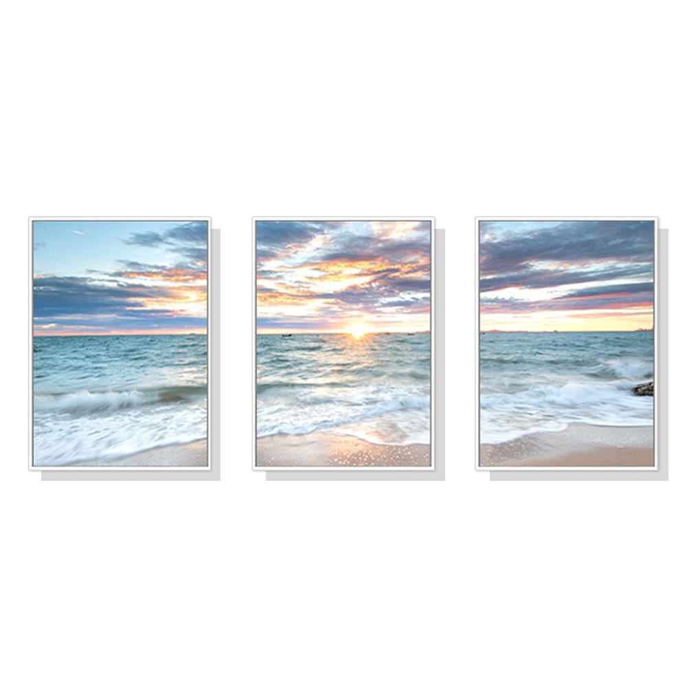 Wall Art 40cmx60cm Sunrise by the ocean 3 Sets White Frame Canvas