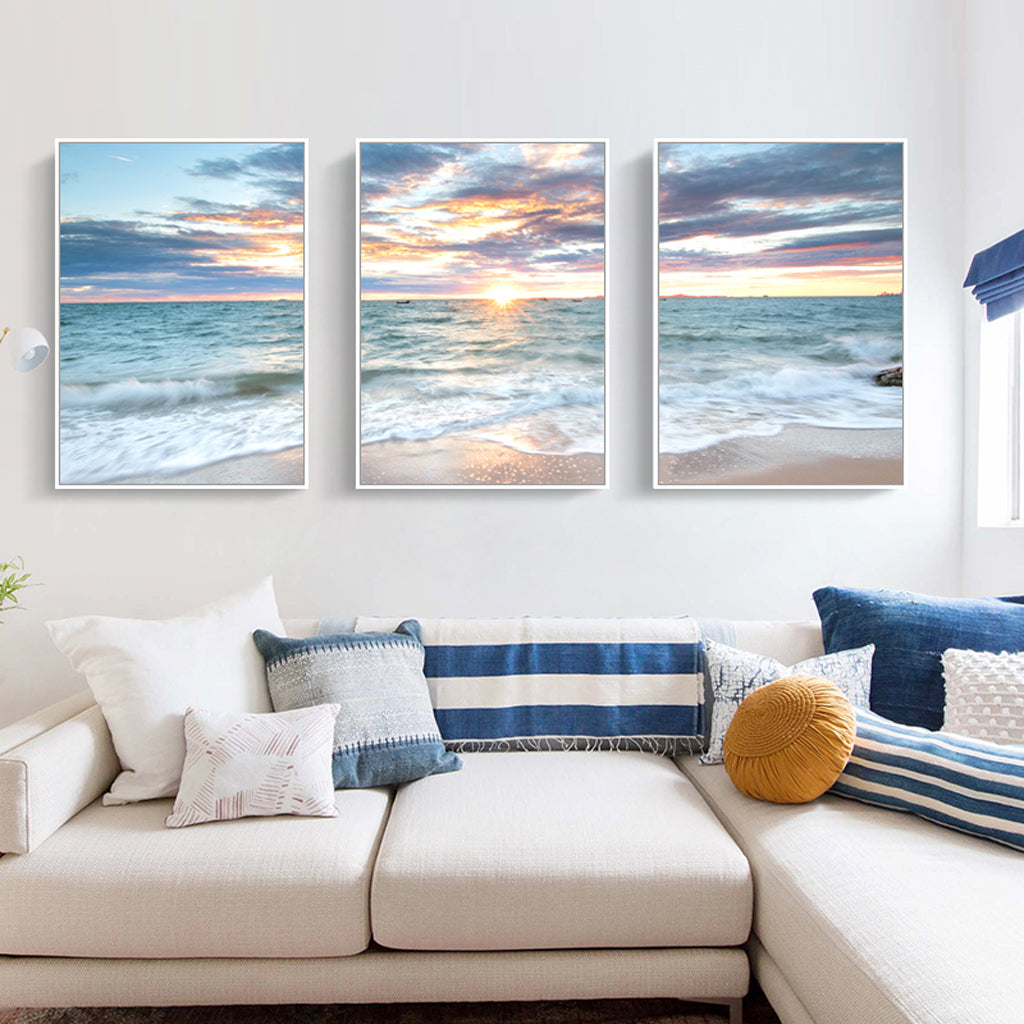 Wall Art 60cmx90cm Sunrise by the ocean 3 Sets White Frame Canvas