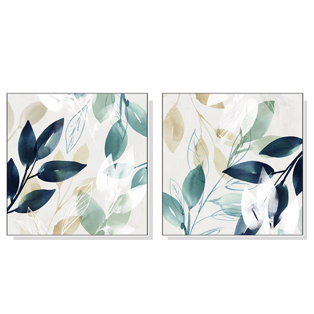 Wall Art 100cmx100cm Watercolour style leaves 2 Sets White Frame Canvas