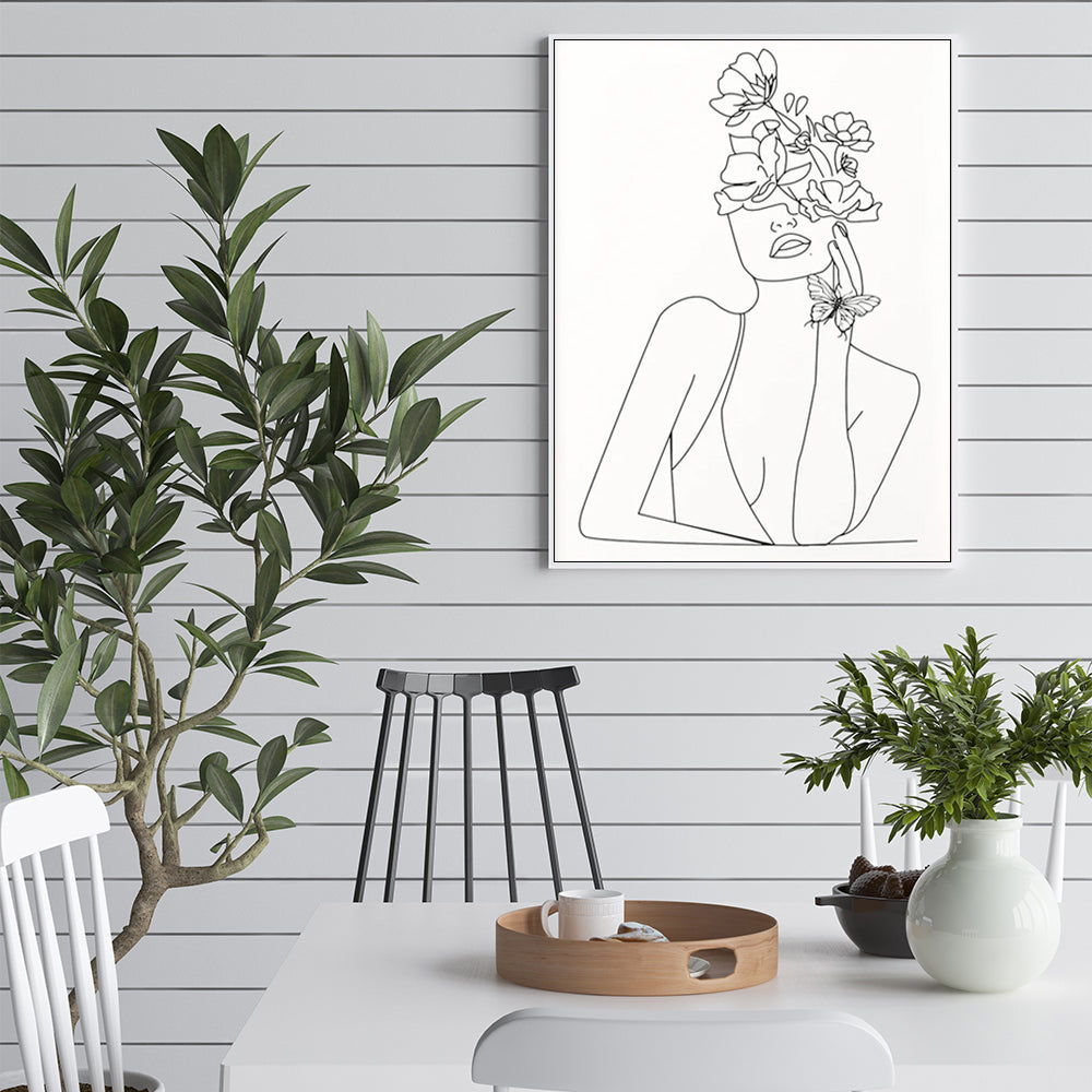 Wall Art 80cmx120cm Line Art Girl White Frame Canvas