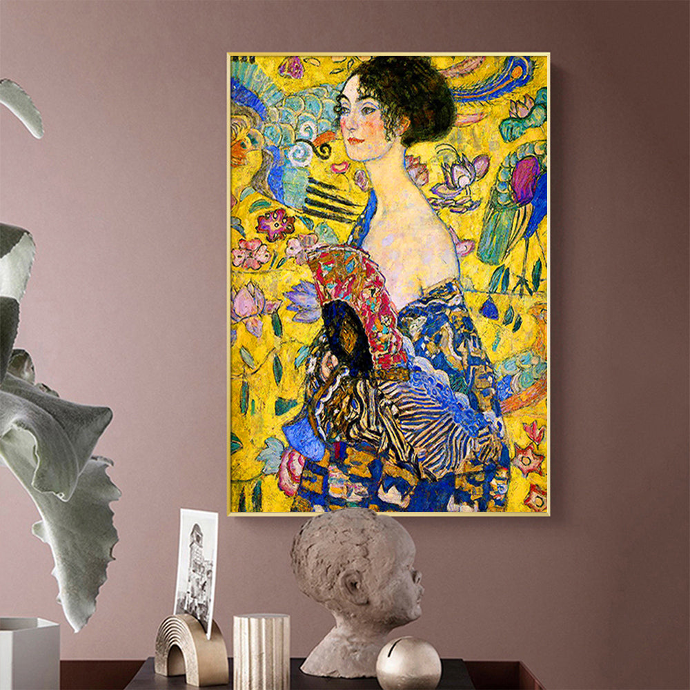 Wall Art 80cmx120cm Lady With A fan By Klimt Gold Frame Canvas