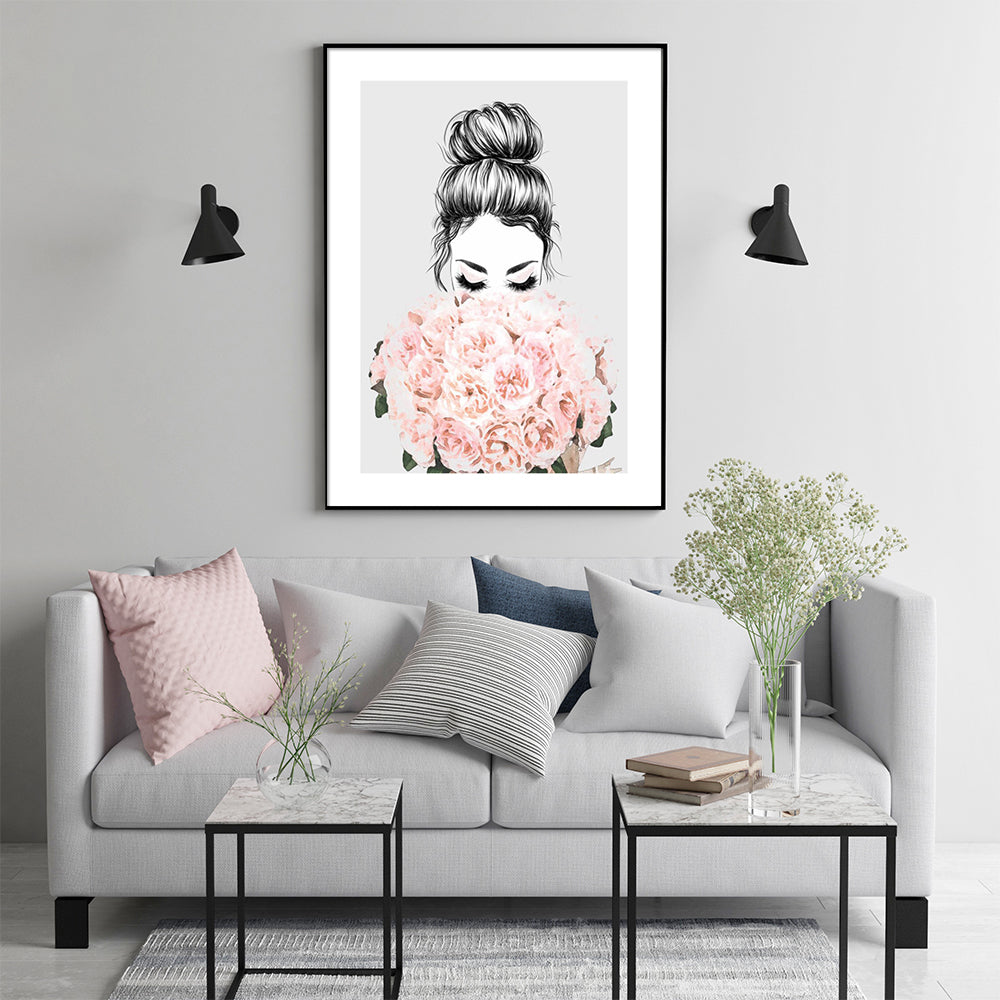 Wall Art 80cmx120cm Roses Girl Black Frame Canvas