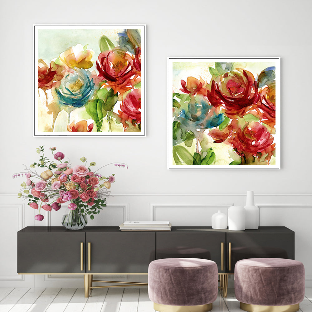 Wall Art 60cmx60cm Rosewater Garden By Carol Robinson 2 Sets White Frame Canvas