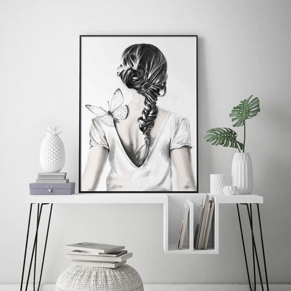 Wall Art 60cmx90cm Woman Back With Butterfly Black Frame Canvas