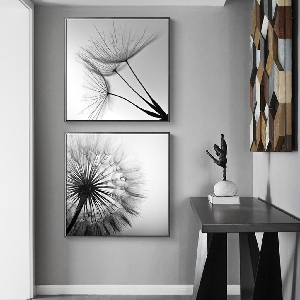 Wall Art 90cmx90cm Black and white dandelion 2 Sets Black Frame Canvas ...