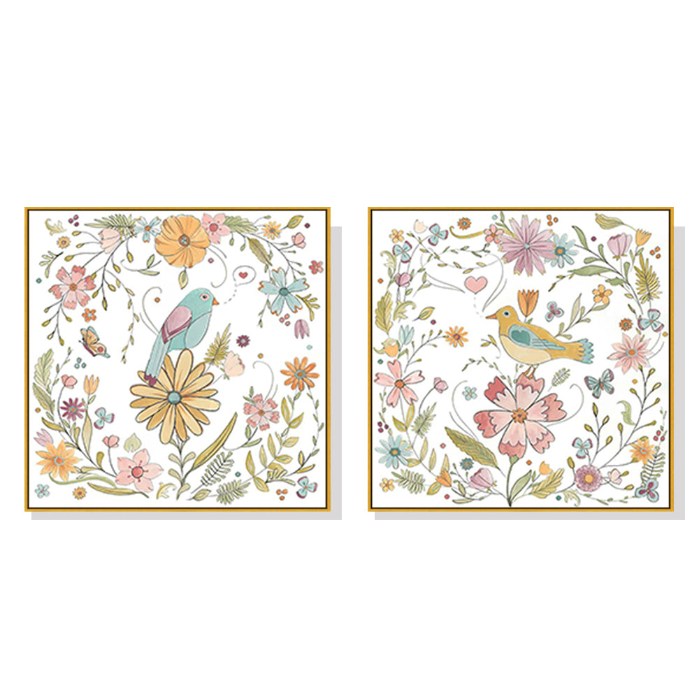 Wall Art 40cmx40cm Floral birds 2 Sets Gold Frame Canvas